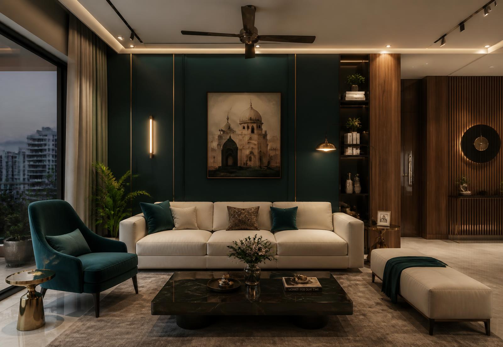Deep teal and walnut living room designed by PVS Interiors in Hyderabad